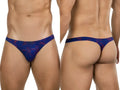 Clever 26031 Helion thongs in blue, front and back views showing patterned underwear on a male model.