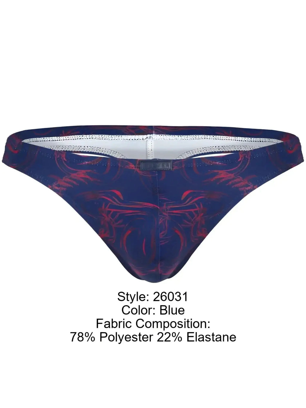 Front view of Clever 26031 Helion thongs in blue with a red abstract pattern and branded waistband.
