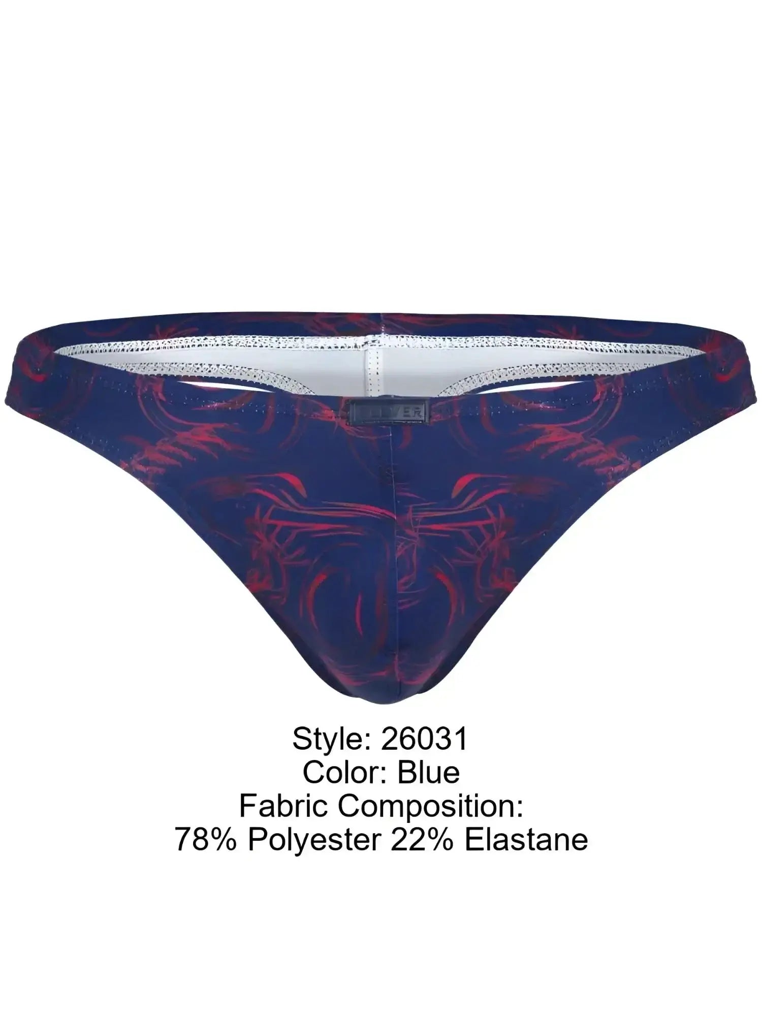 Front view of Clever 26031 Helion thongs in blue with a red abstract pattern and branded waistband.