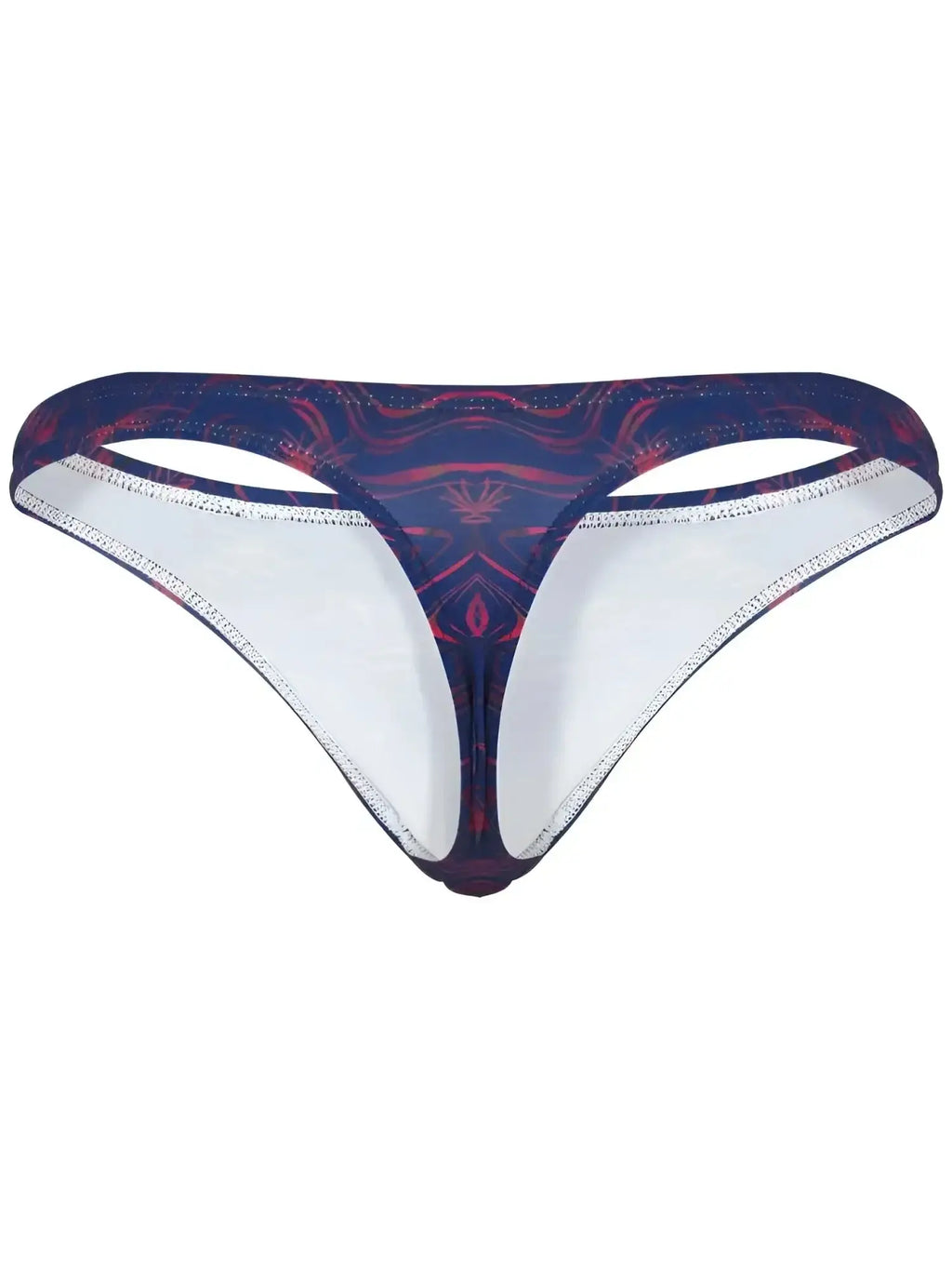 Front view of Clever 26031 Helion thongs in blue with a patterned print.