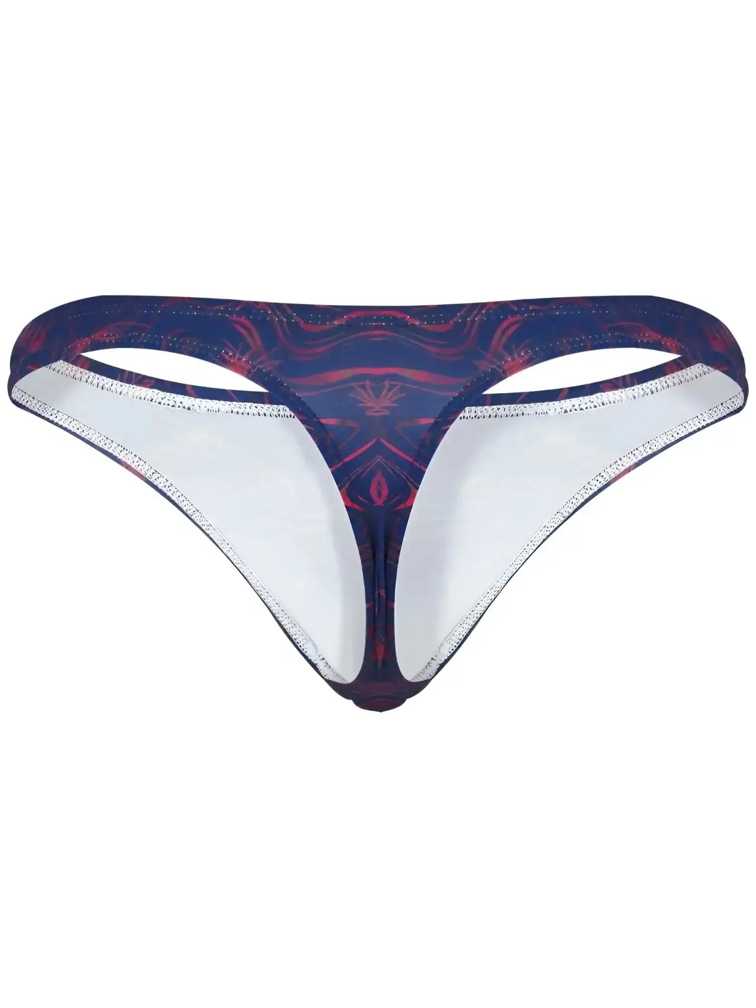 Front view of Clever 26031 Helion thongs in blue with a patterned print.