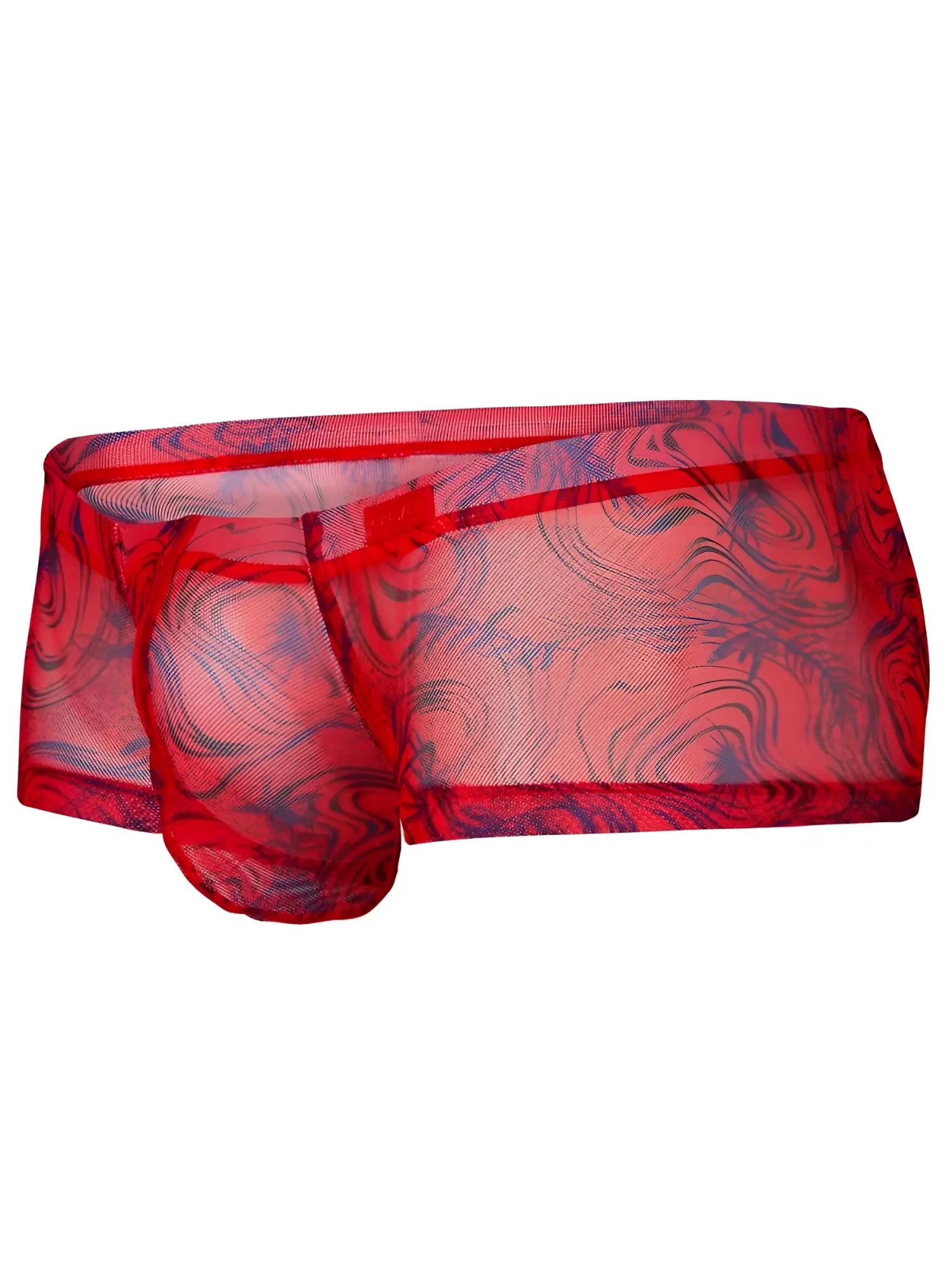 Front view of Clever 26032 Calipso Trunks in red, featuring a semi-sheer mesh fabric with a blue swirl pattern.