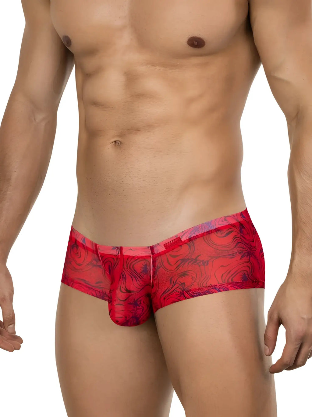 Front view of red Clever 26032 Calipso trunks on a model.