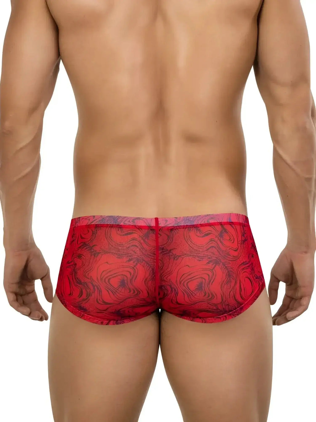 Back view of Clever 26032 Calipso Trunks in red with a patterned design.