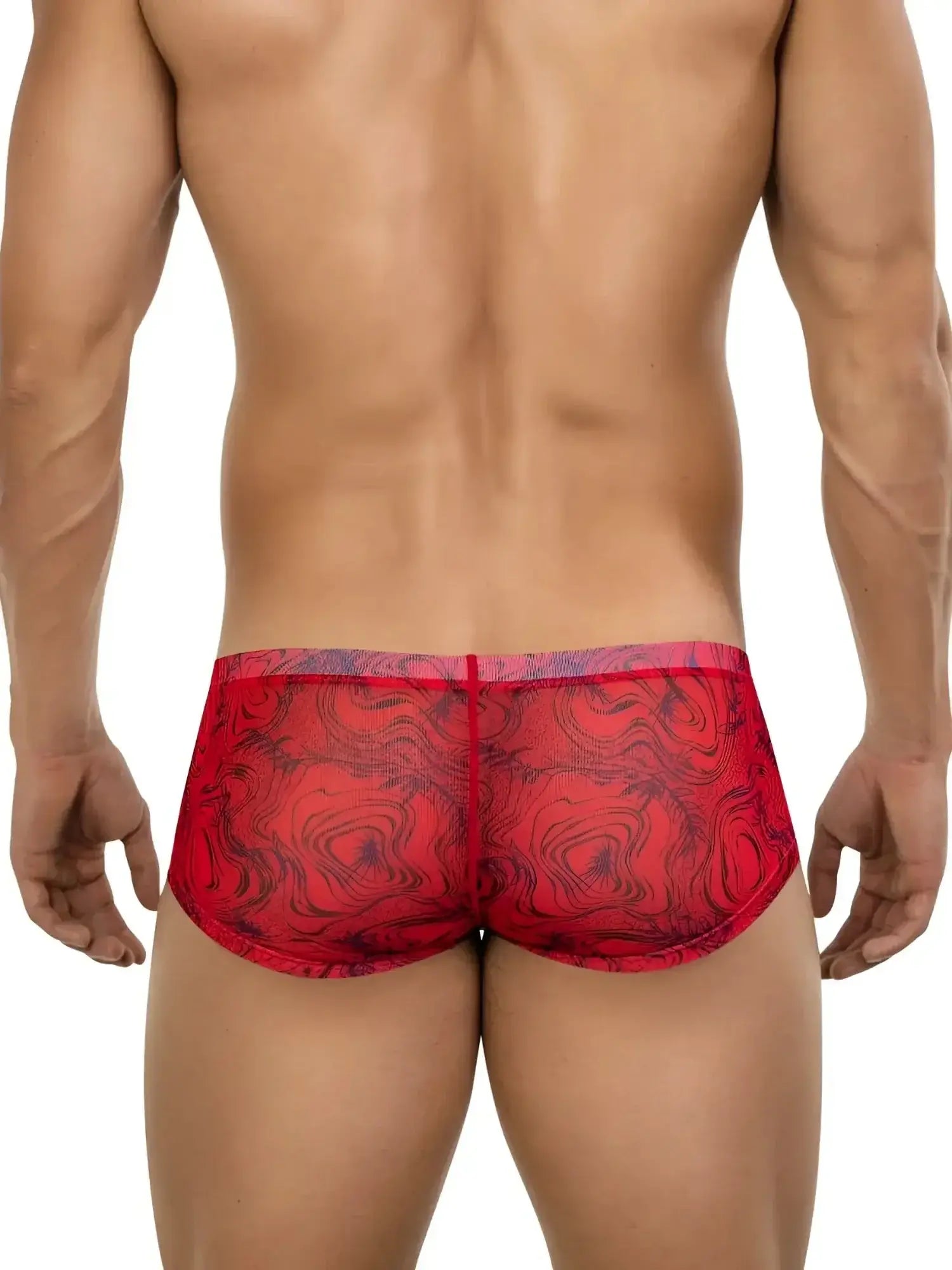 Back view of Clever 26032 Calipso Trunks in red with a patterned design.