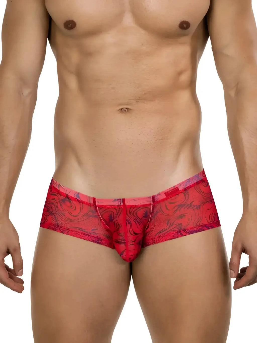 Front view of Clever 26032 Calipso trunks in red with a patterned, semi-sheer mesh design on a male model.