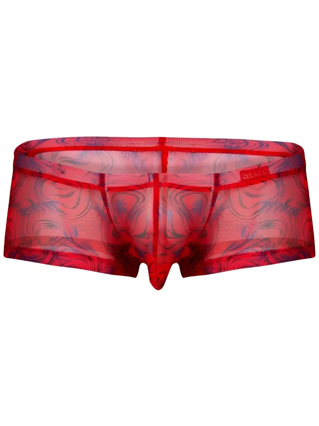 Front view of Clever 26032 Calipso red mesh trunks with blue swirl pattern.