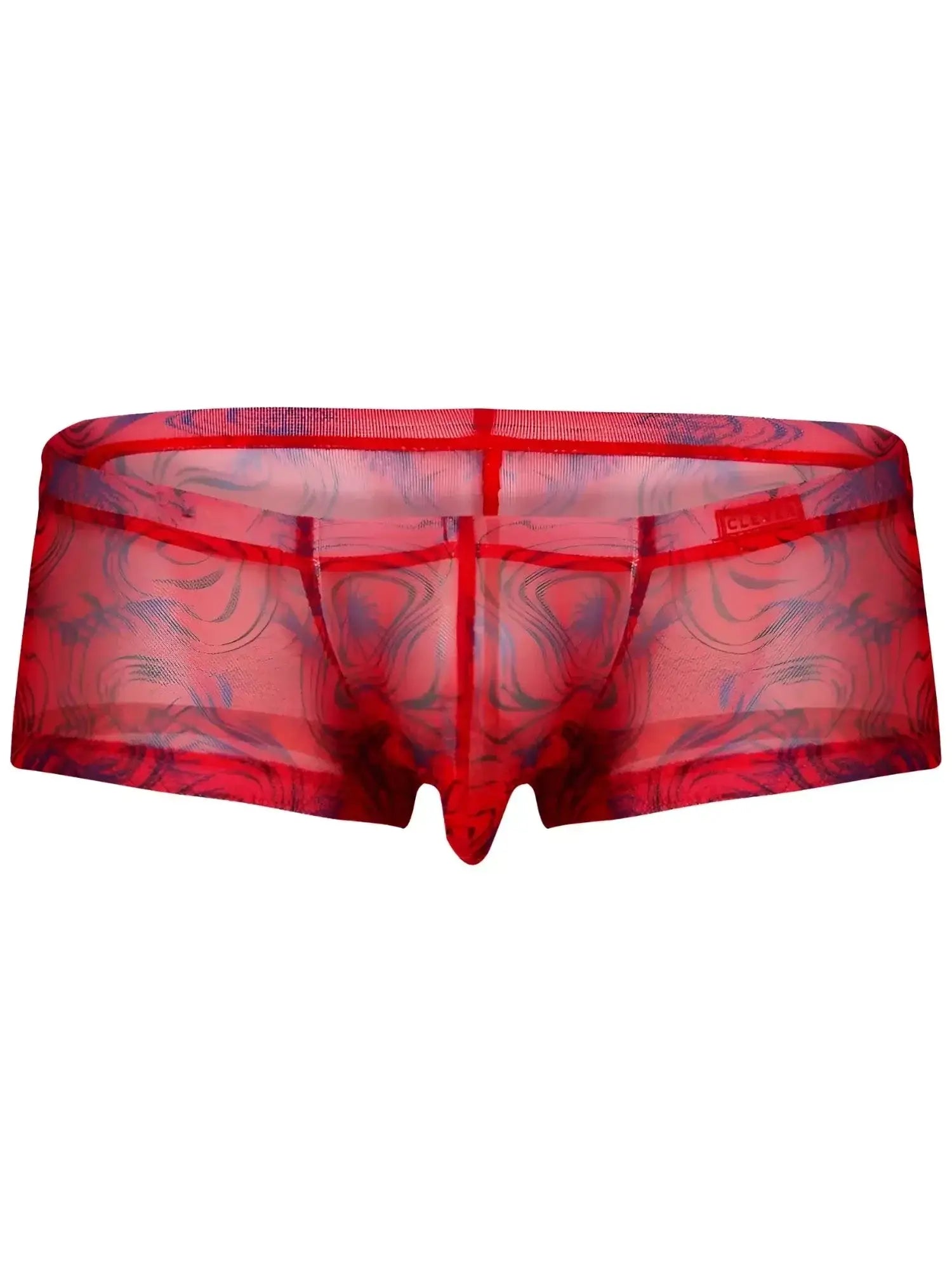 Front view of Clever 26032 Calipso red mesh trunks with blue swirl pattern.