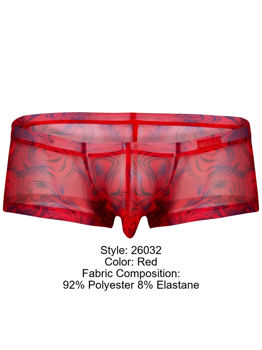 Front view of Clever 26032 Calipso trunks in red with a patterned, semi-sheer design.