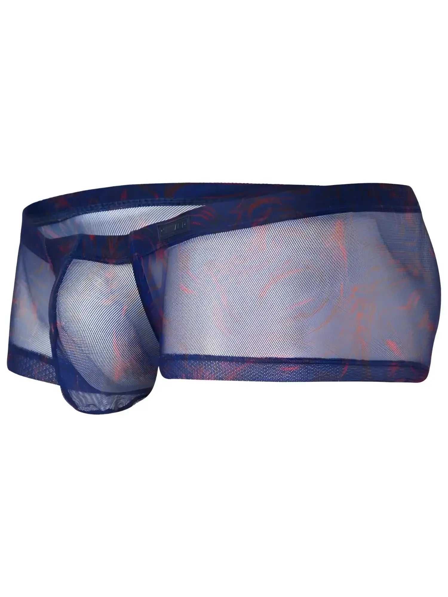 Front view of blue Clever 26033 Calipso mesh trunks with a red patterned design.