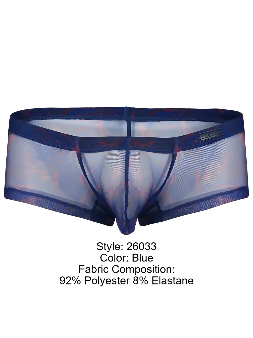 Front view of Clever 26033 Calipso blue mesh trunks featuring a sheer, patterned design.