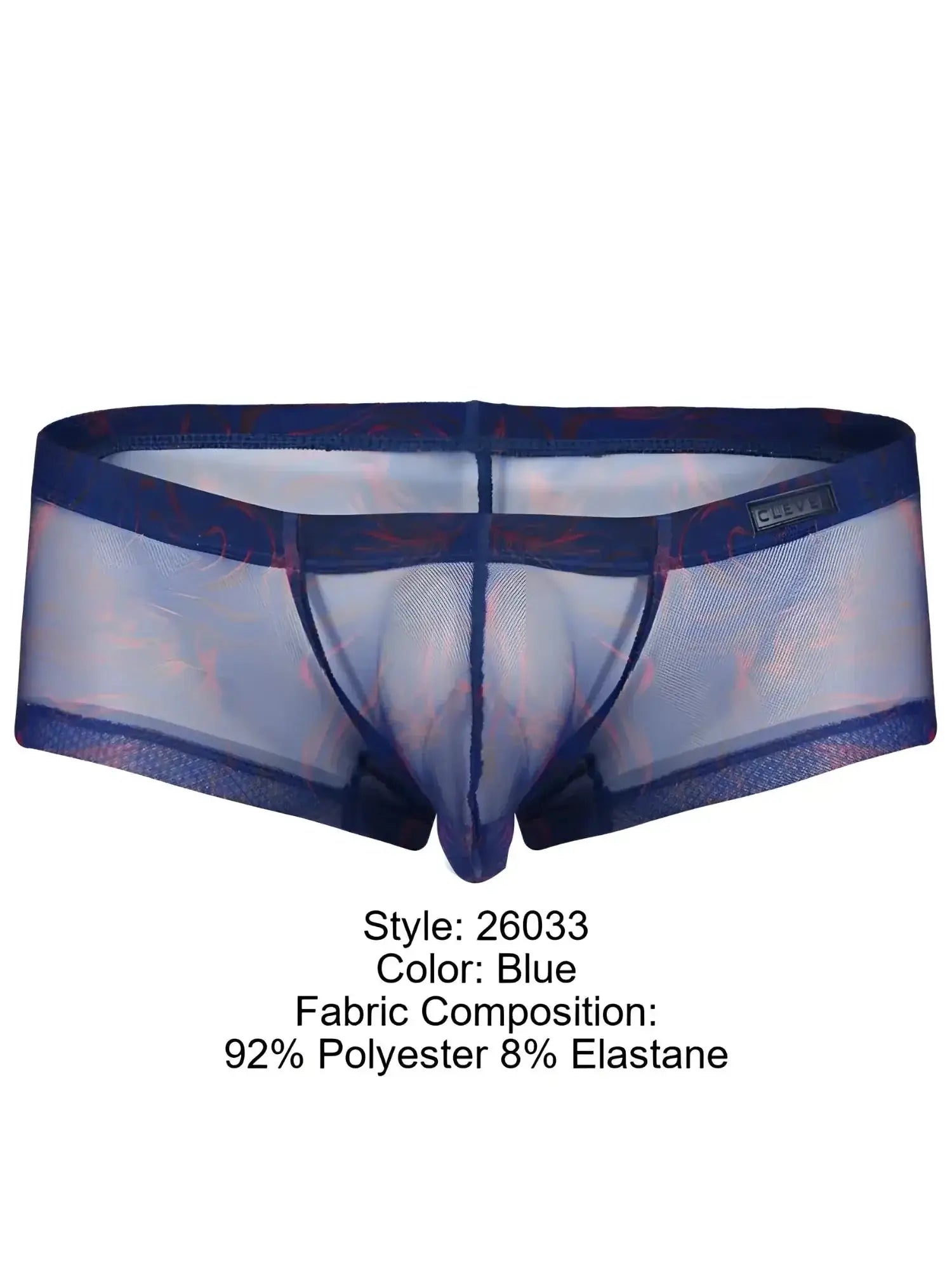 Front view of Clever 26033 Calipso blue mesh trunks featuring a sheer, patterned design.