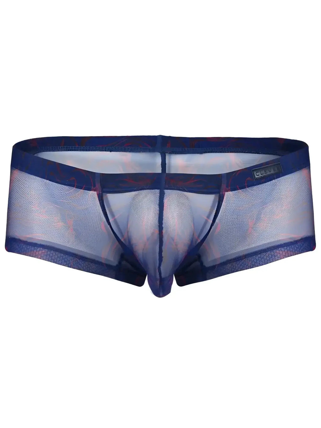 Front view of blue Clever 26033 Calipso mesh trunks with a bold pattern.