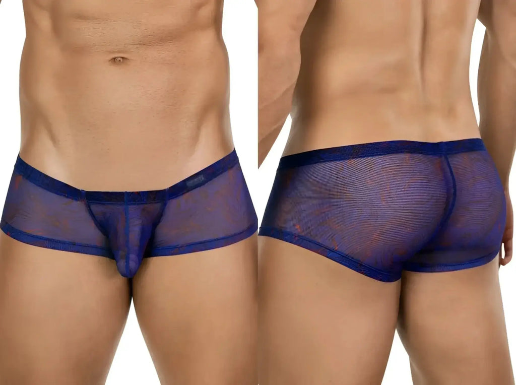 Clever 26033 Calipso blue trunks, front and back view of breathable mesh underwear on a male model.