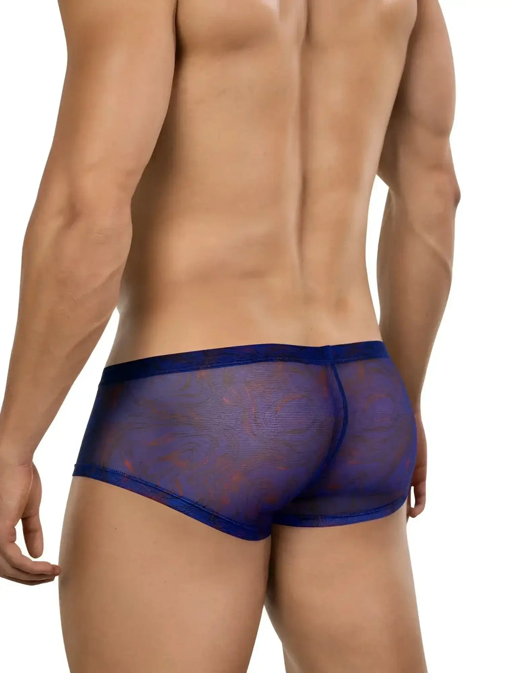 Clever 26033 Calipso Trunks in blue, back view on a model showing the breathable mesh fabric.