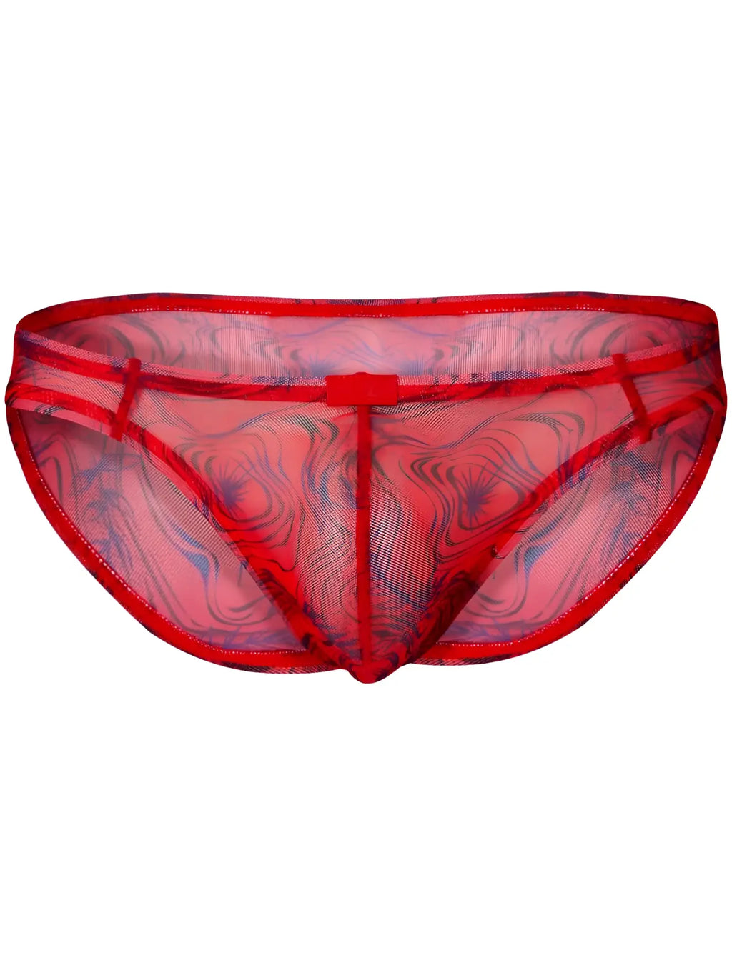 Front view of the red Clever 26034 Calipso bikini, featuring a sheer mesh fabric with blue marbled patterns.