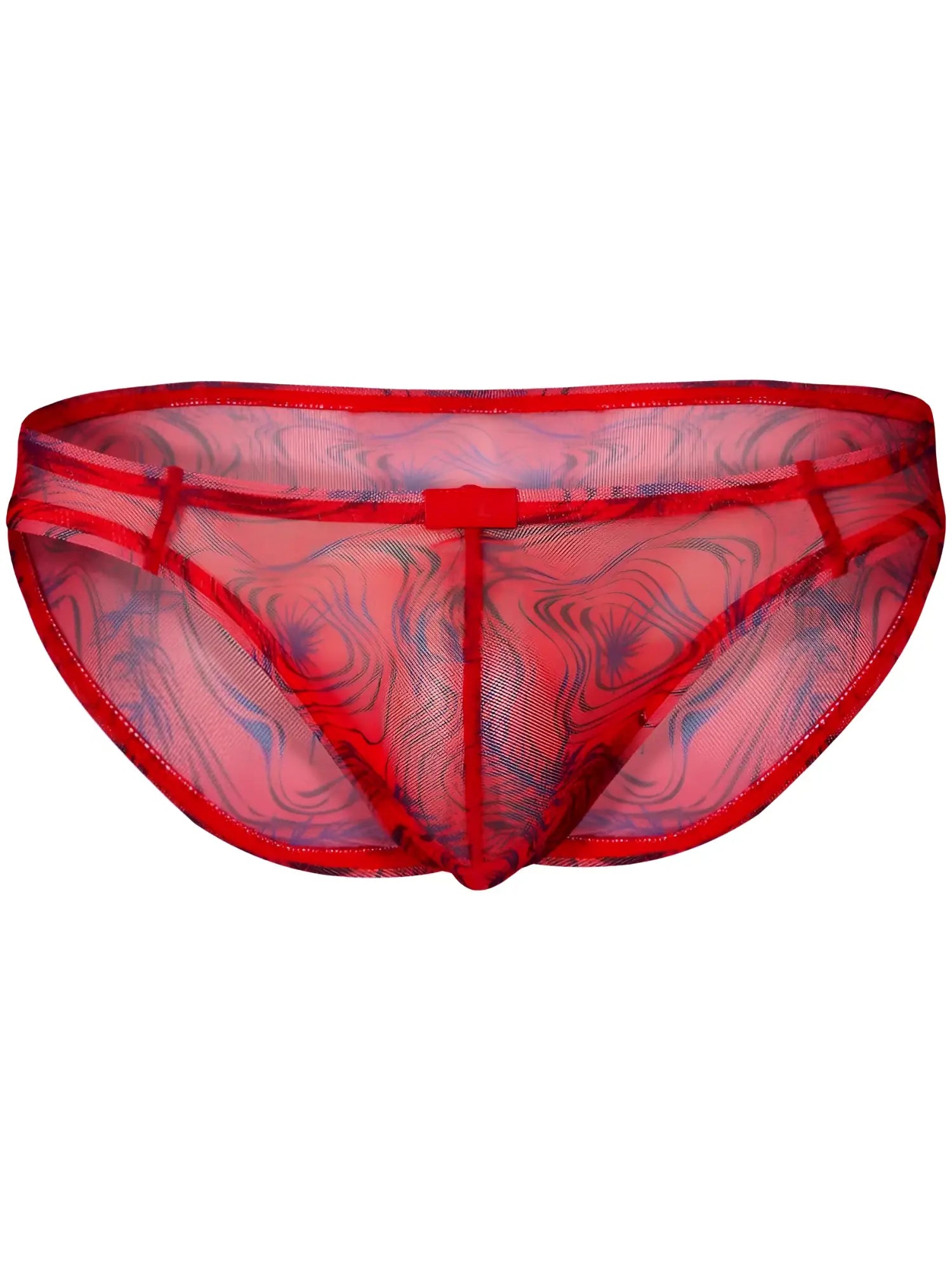 Front view of the red Clever 26034 Calipso bikini, featuring a sheer mesh fabric with blue marbled patterns.