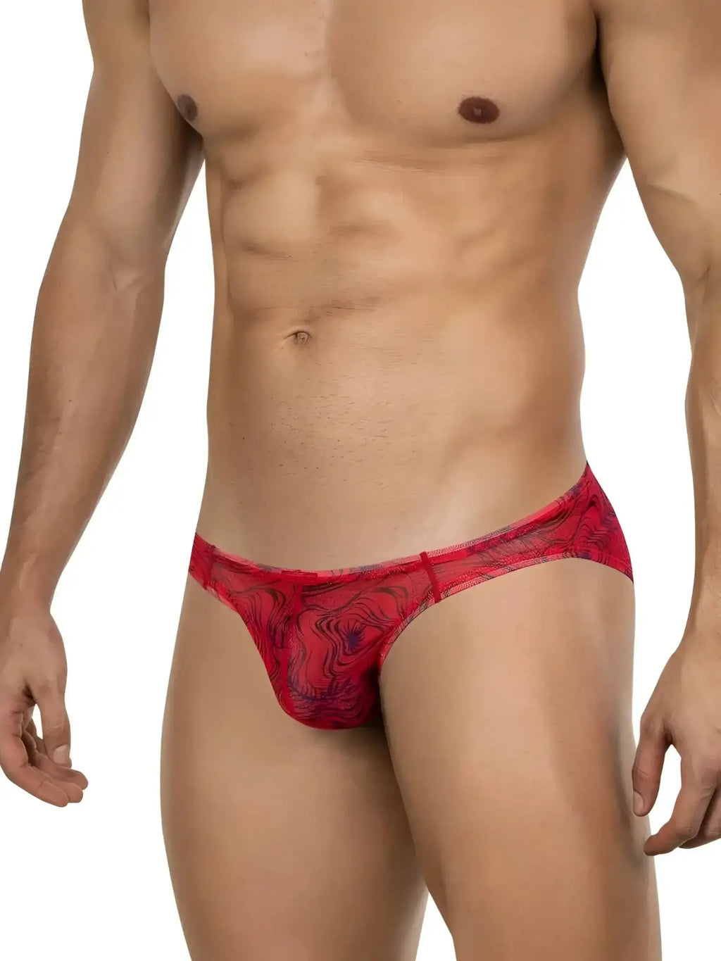 Front view of the red Clever 26034 Calipso Bikini, modeled on a muscular man.