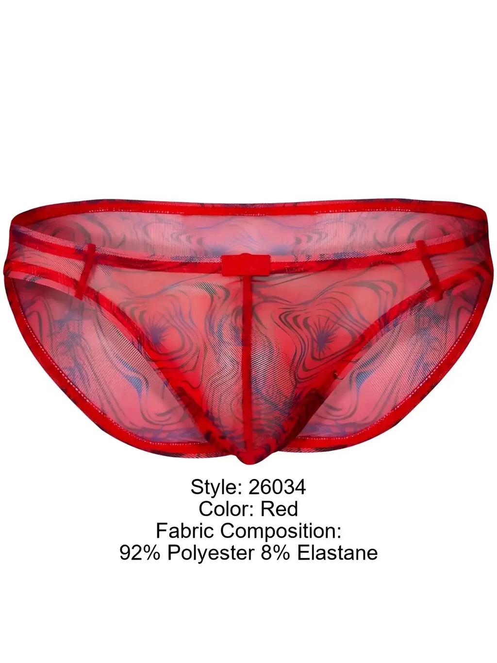 Front view of the Clever 26034 Calipso red bikini in a sheer, patterned mesh fabric.