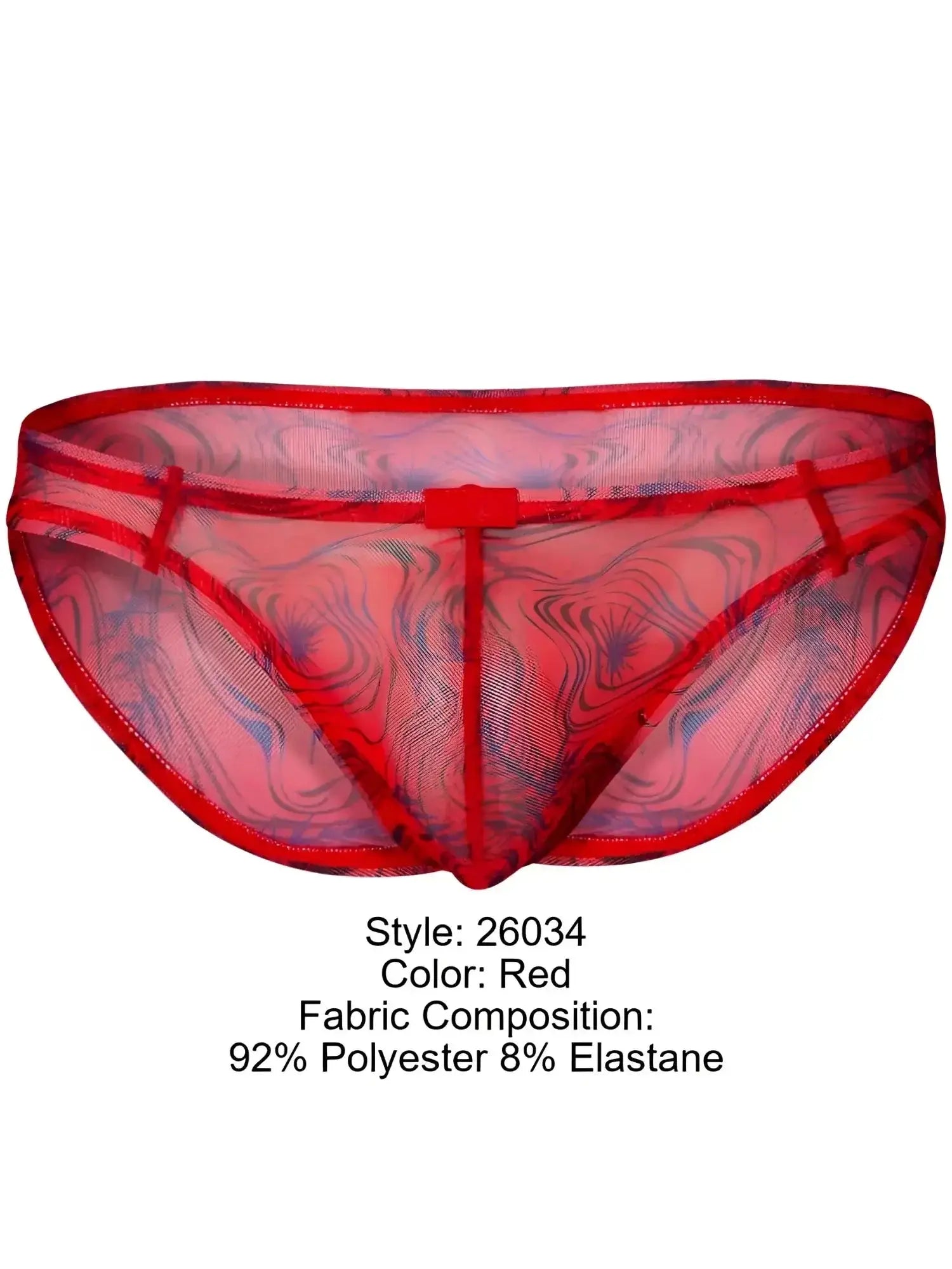 Front view of the Clever 26034 Calipso red bikini in a sheer, patterned mesh fabric.