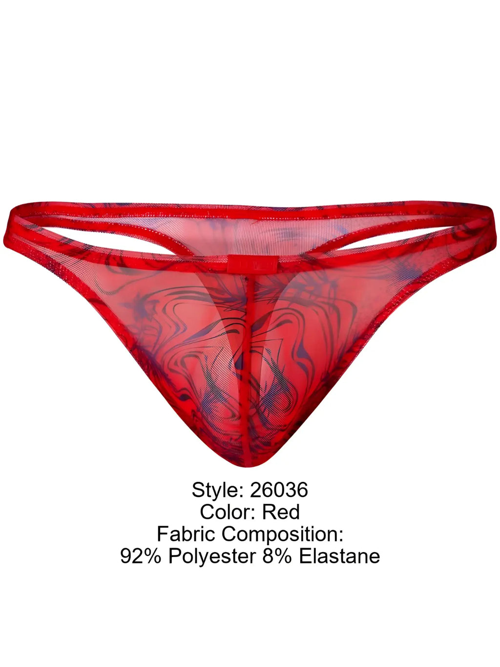 Front view of Clever 26036 Calipso red thong with a patterned, semi-sheer design.