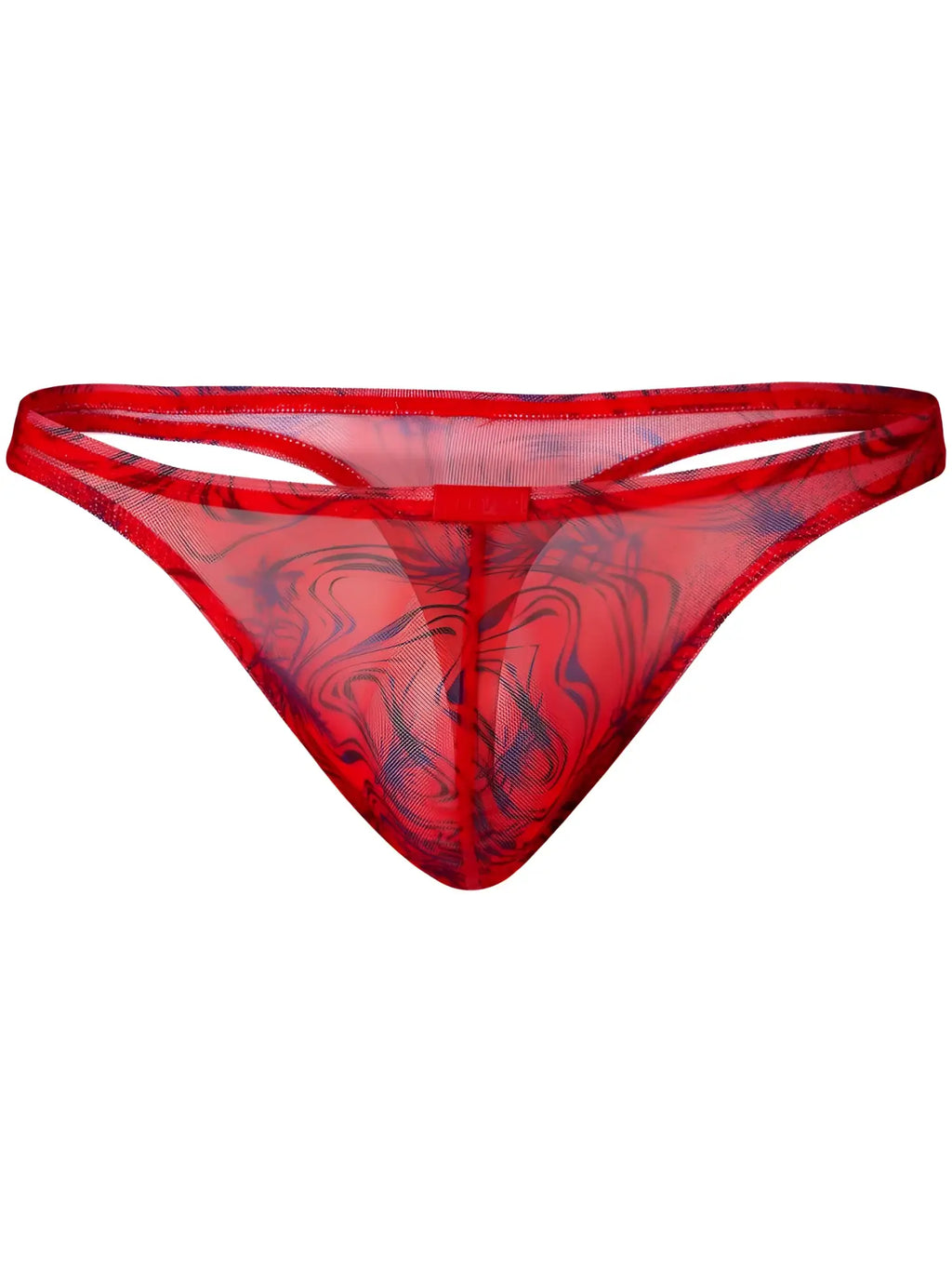 Front view of the red Clever 26036 Calipso thong with a marble-print mesh fabric.