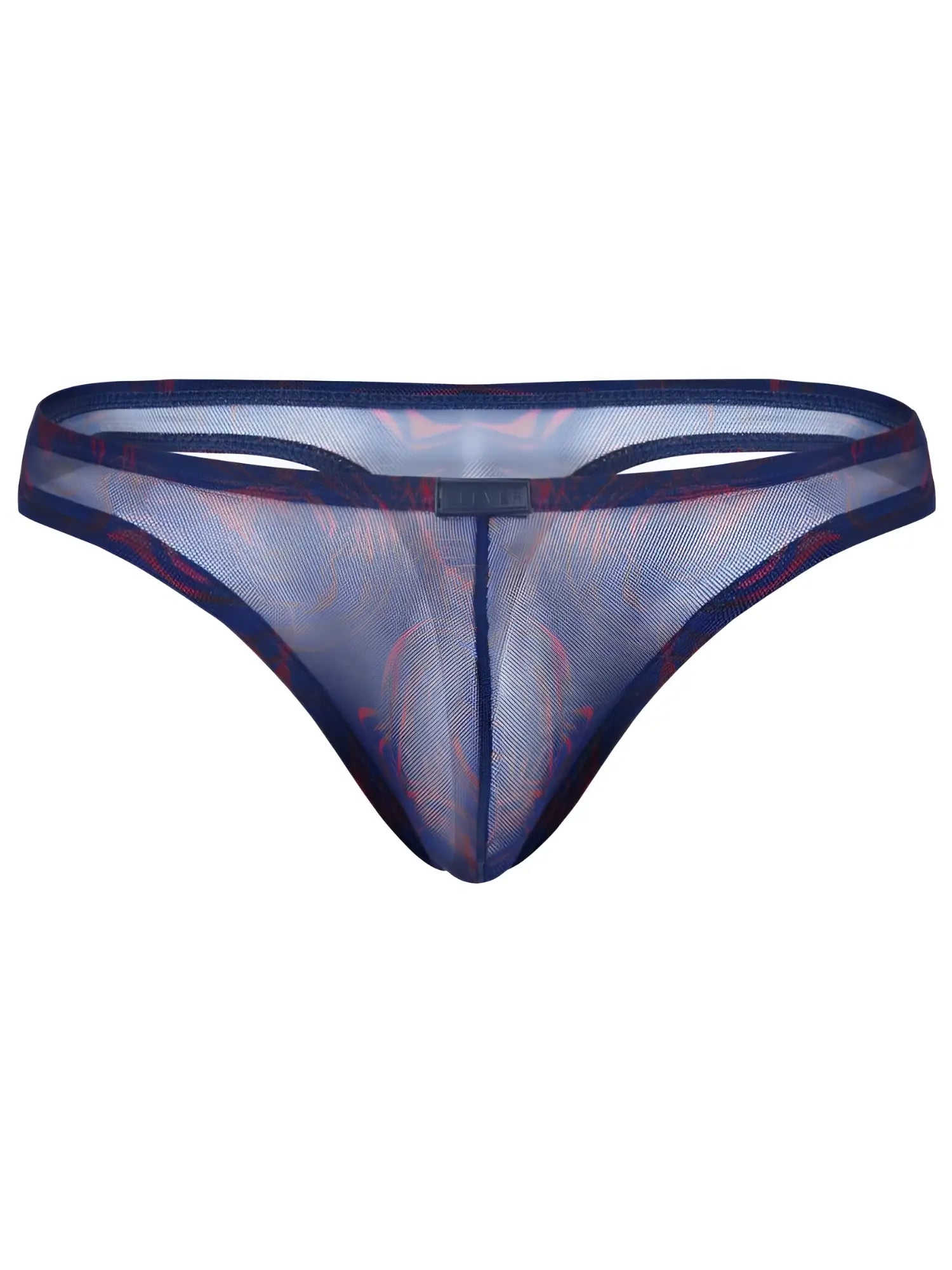 Front view of the Clever 26037 Calipso thong in blue mesh with red patterns.