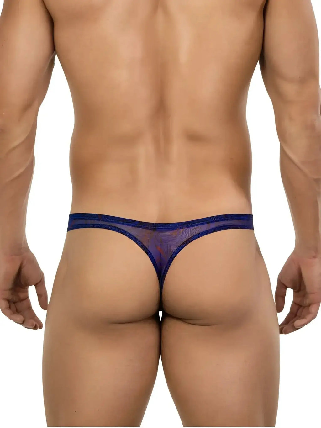 Back view of a man wearing blue Clever 26037 Calipso thong underwear.