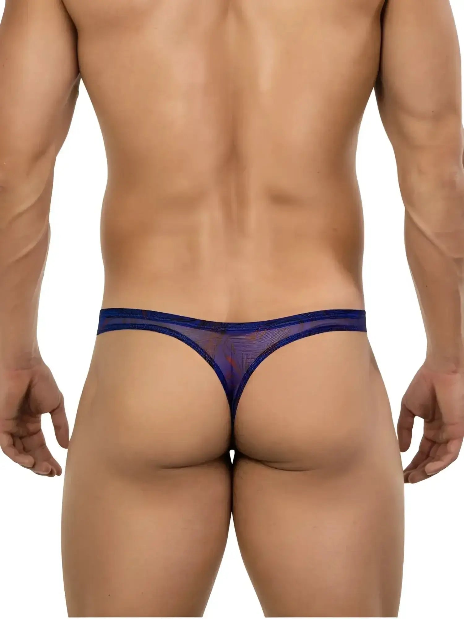 Back view of a man wearing blue Clever 26037 Calipso thong underwear.