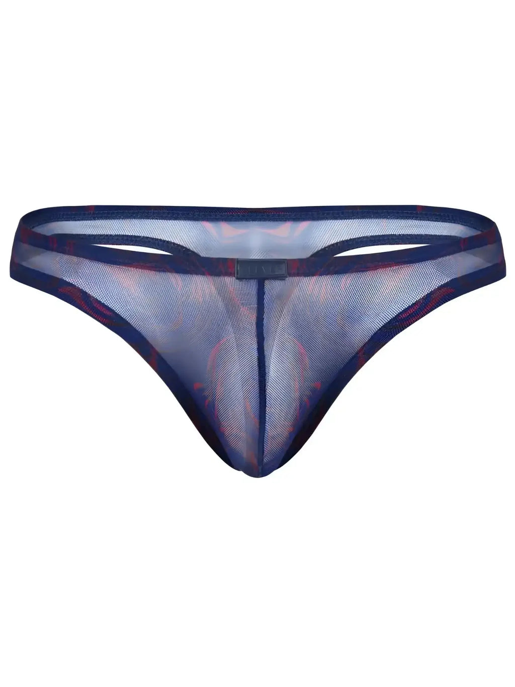 Front view of the Clever 26037 Calipso thong in blue mesh with red patterns.