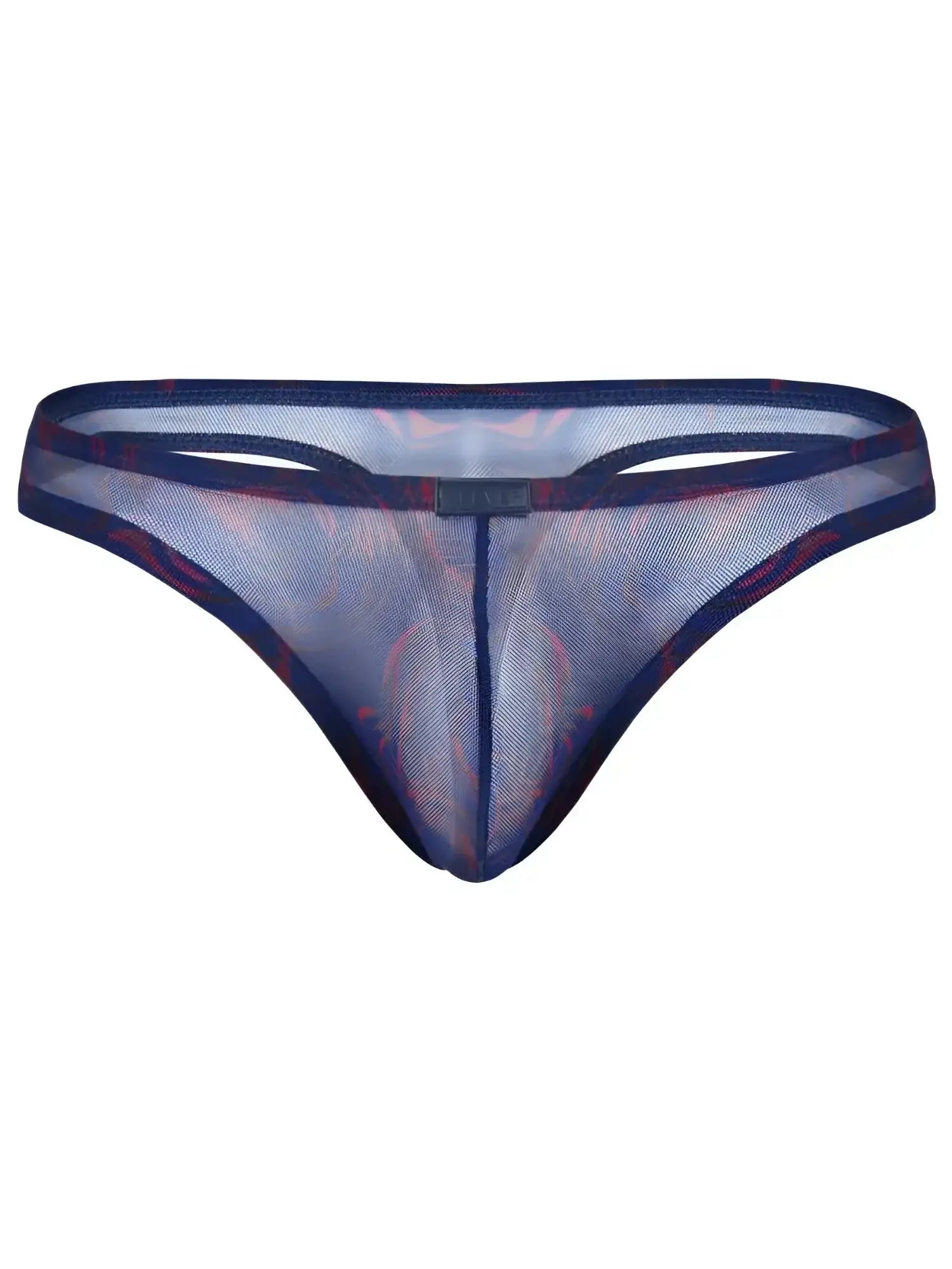 Front view of the Clever 26037 Calipso thong in blue mesh with red patterns.