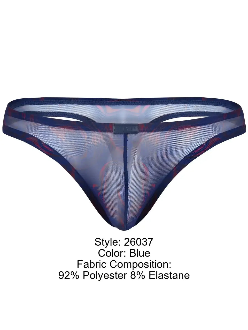 Front view of Clever 26037 Calipso blue thong made of sheer mesh fabric.