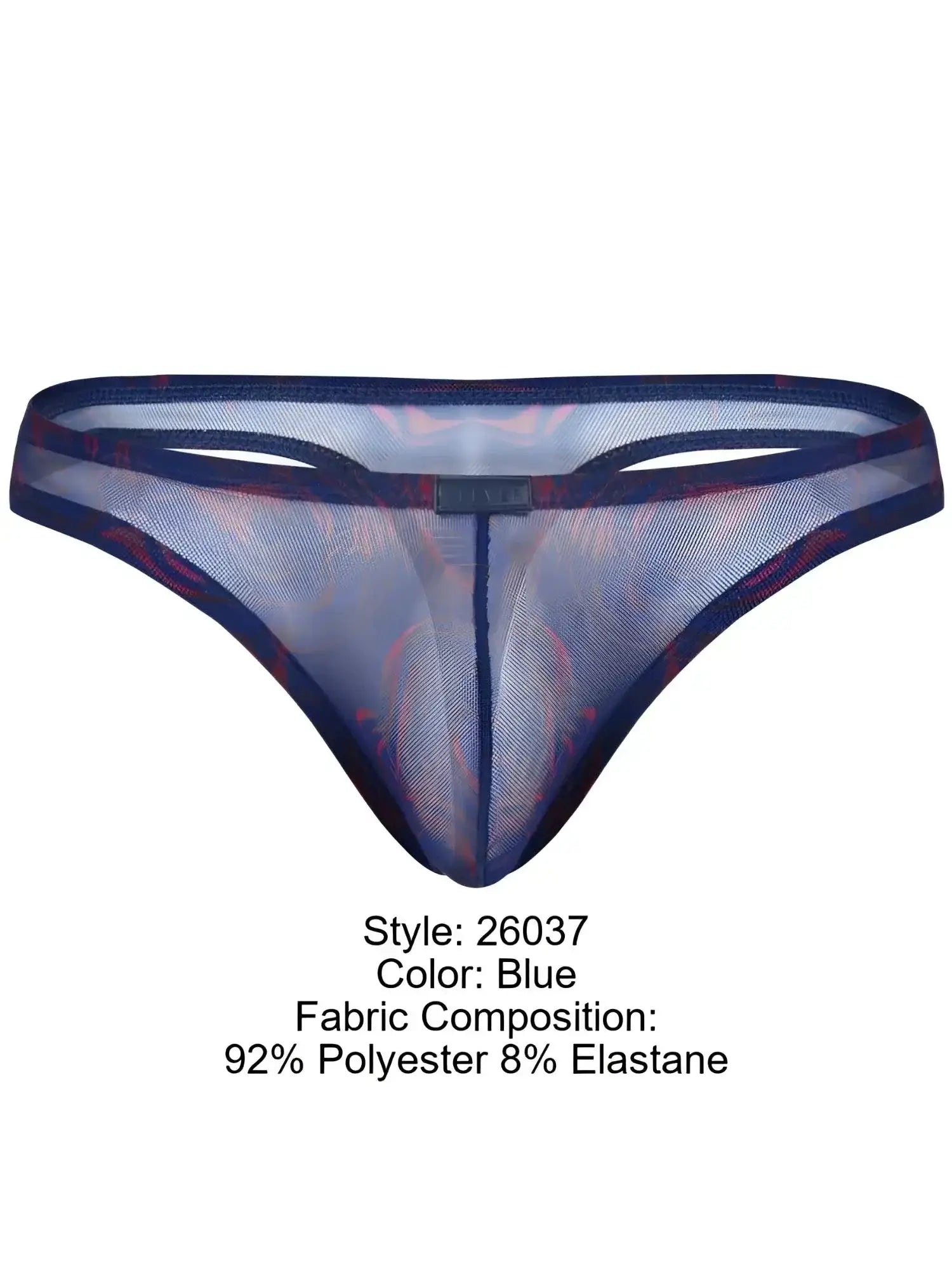 Front view of Clever 26037 Calipso blue thong made of sheer mesh fabric.