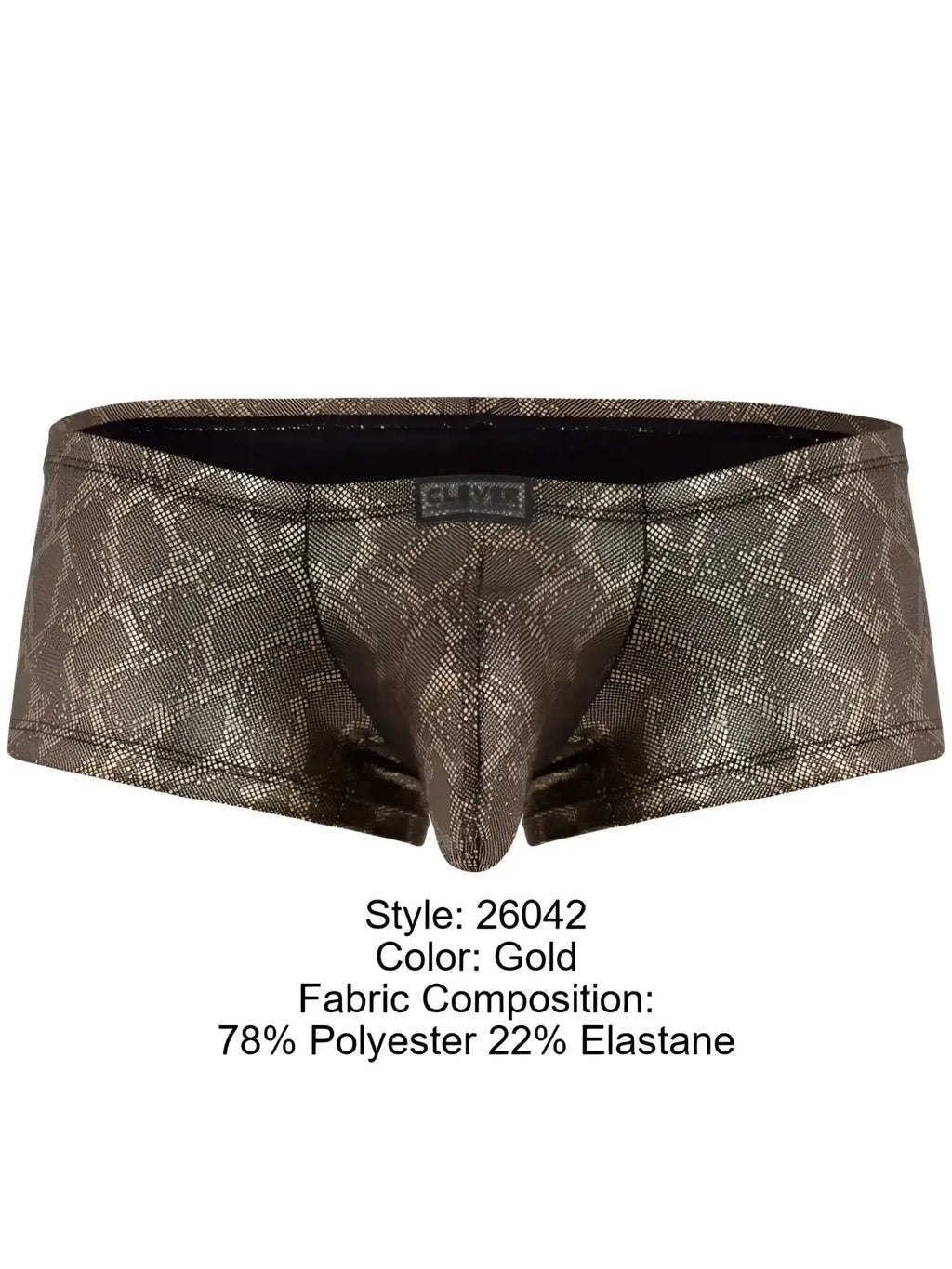 Front view of Clever 26042 Atlas trunks in a bold gold metallic snakeskin-patterned fabric.