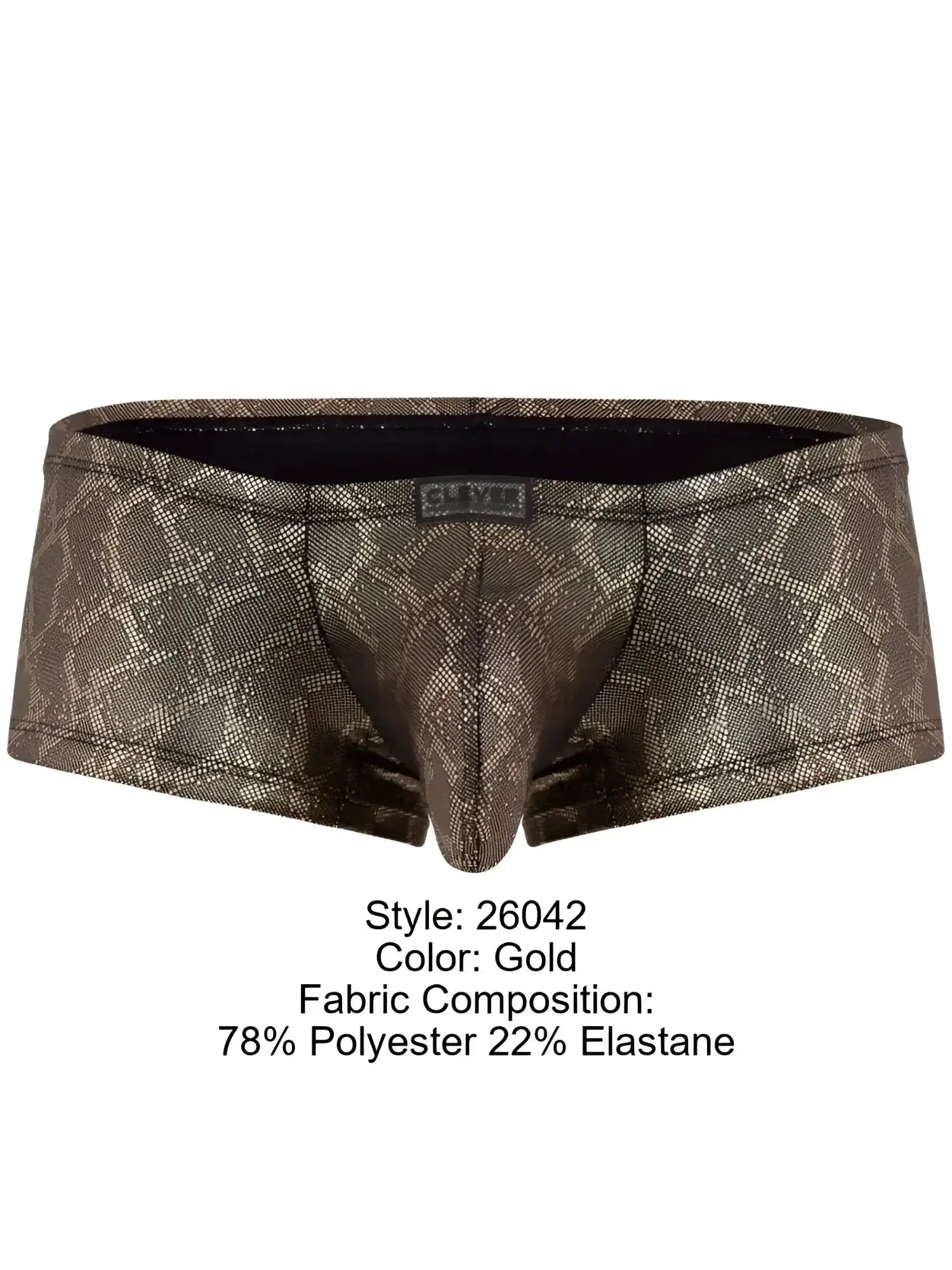 Front view of Clever 26042 Atlas trunks in a bold gold metallic snakeskin-patterned fabric.