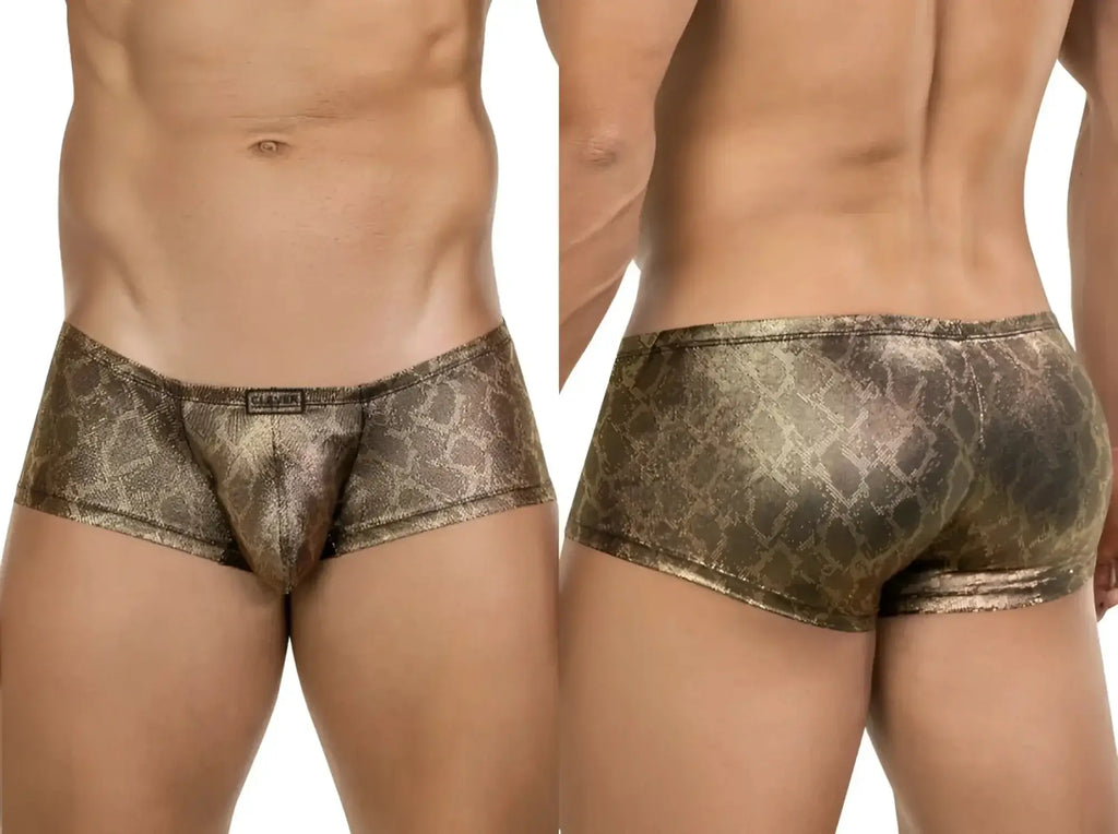 Clever 26042 Atlas Trunks in gold, showing front and back views on a model.