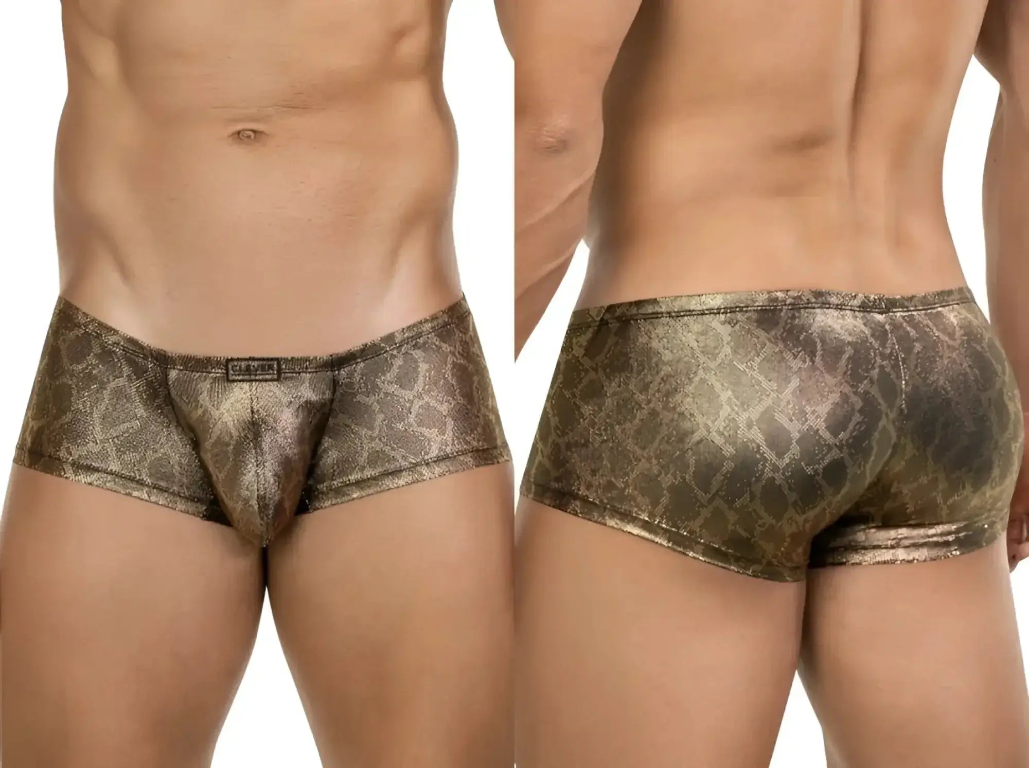 Clever 26042 Atlas Trunks in gold, showing front and back views on a model.