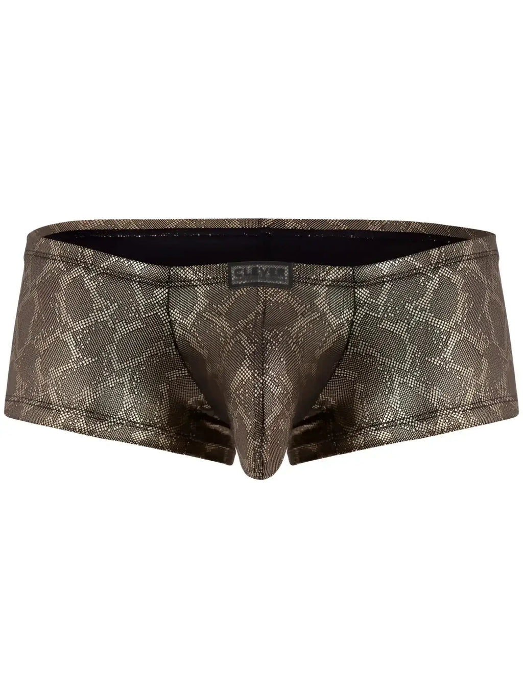 Front view of the Clever 26042 Atlas trunks in a metallic gold snake-print design.