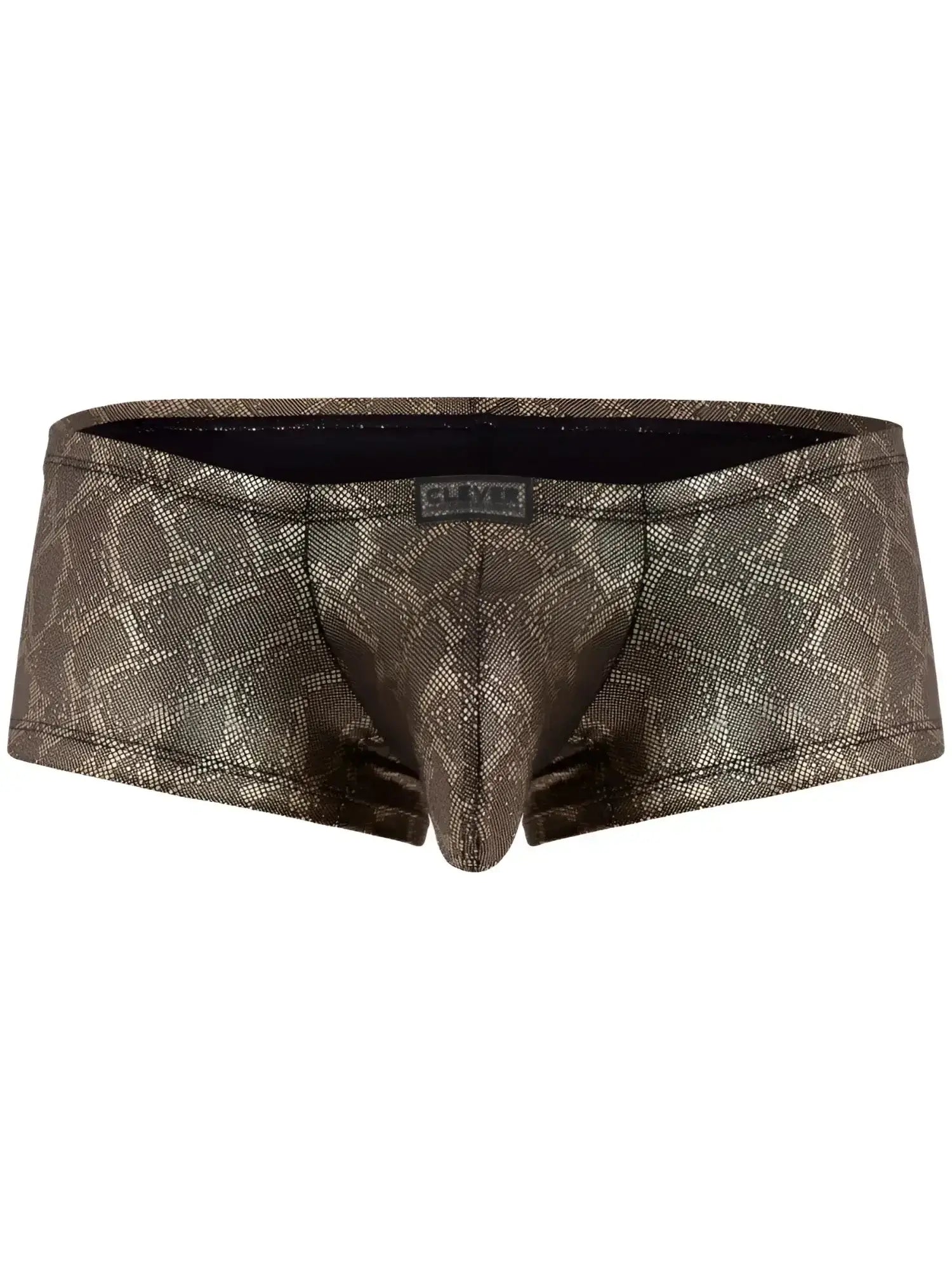 Front view of the Clever 26042 Atlas trunks in a metallic gold snake-print design.