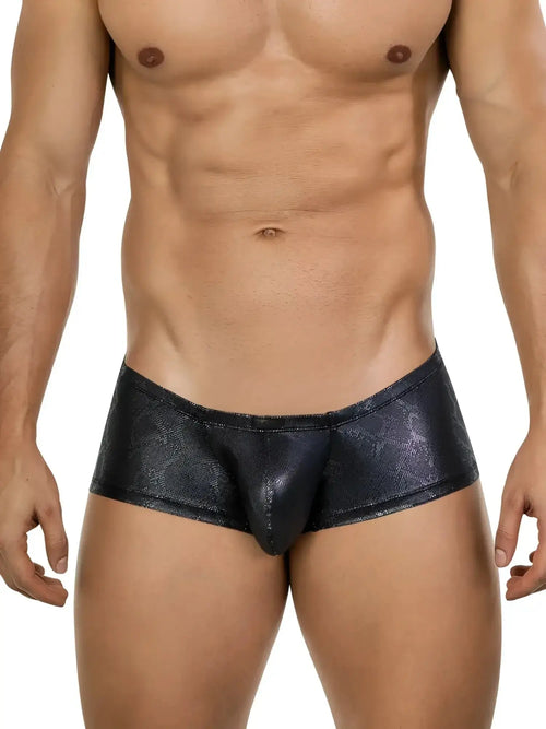 Front view of Clever 26043 Atlas trunks in sleek metallic black worn by a model.