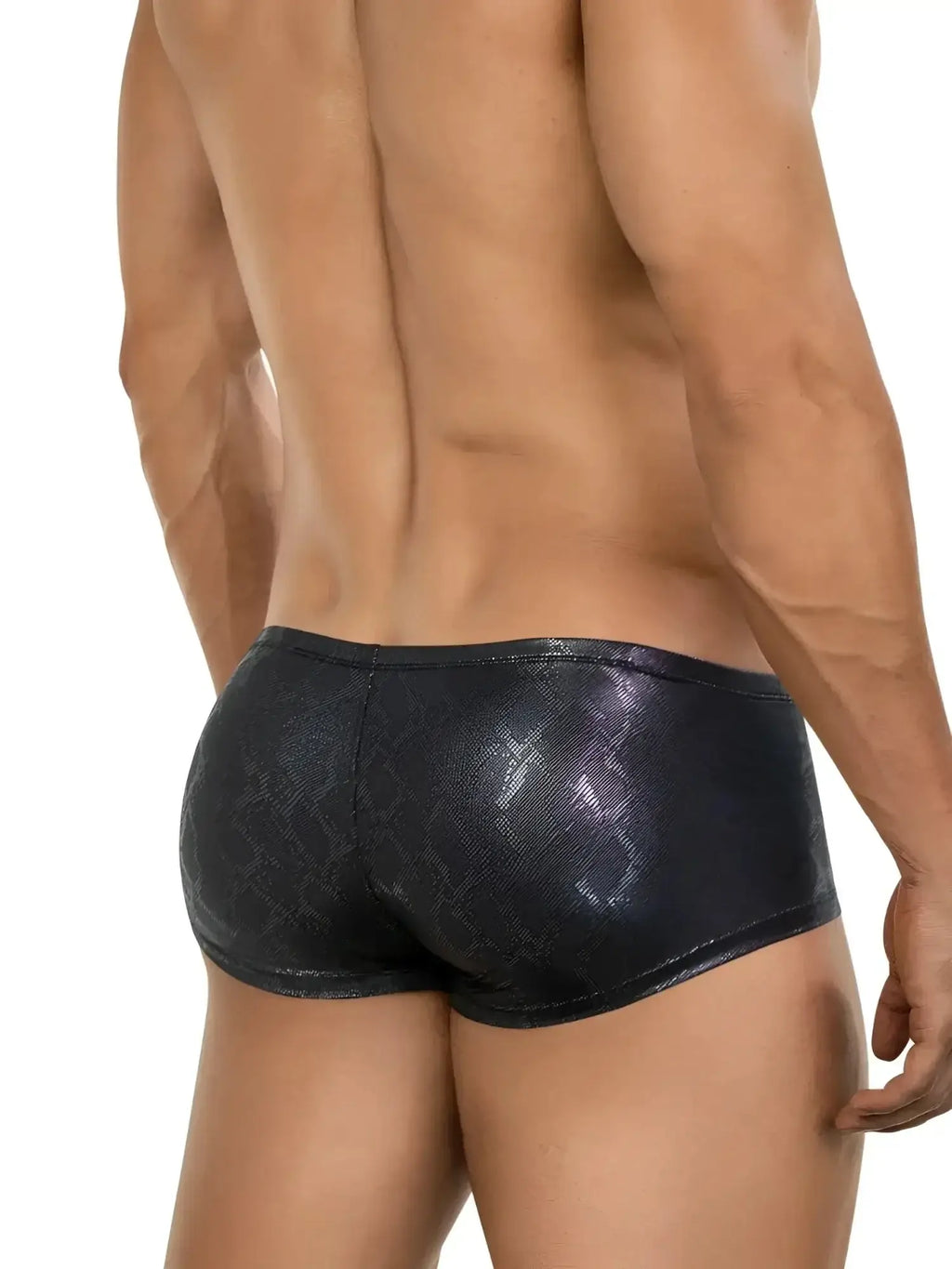 Back view of Clever 26043 Atlas trunks in sleek metallic black, worn by a model.