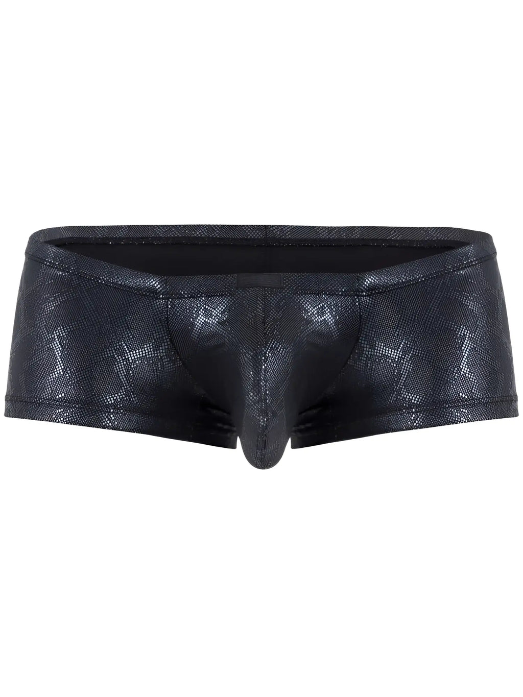 Front view of Clever 26043 Atlas trunks in a metallic black snakeskin pattern.