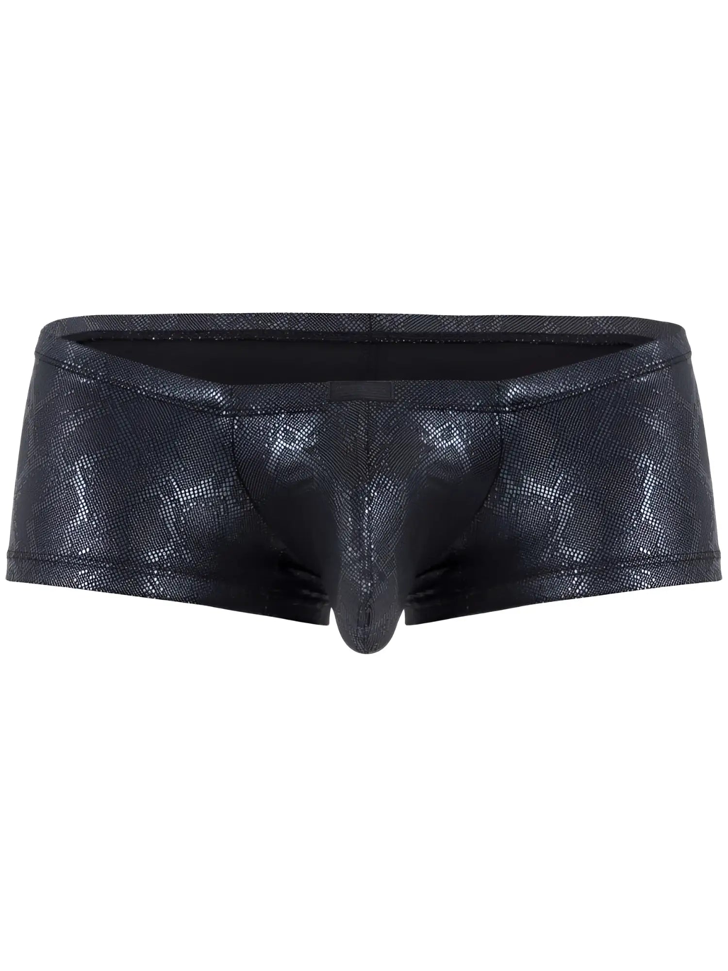 Front view of Clever 26043 Atlas trunks in a metallic black snakeskin pattern.