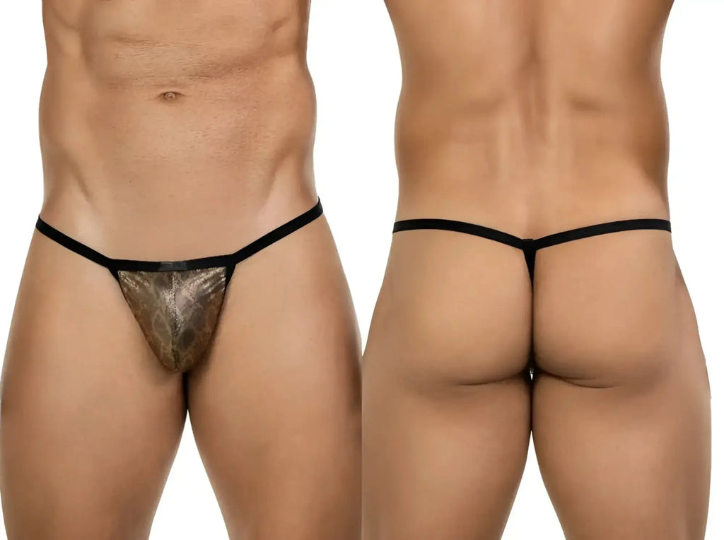 Clever 26046 Atlas G-String in gold, showing front and back views on a male model.