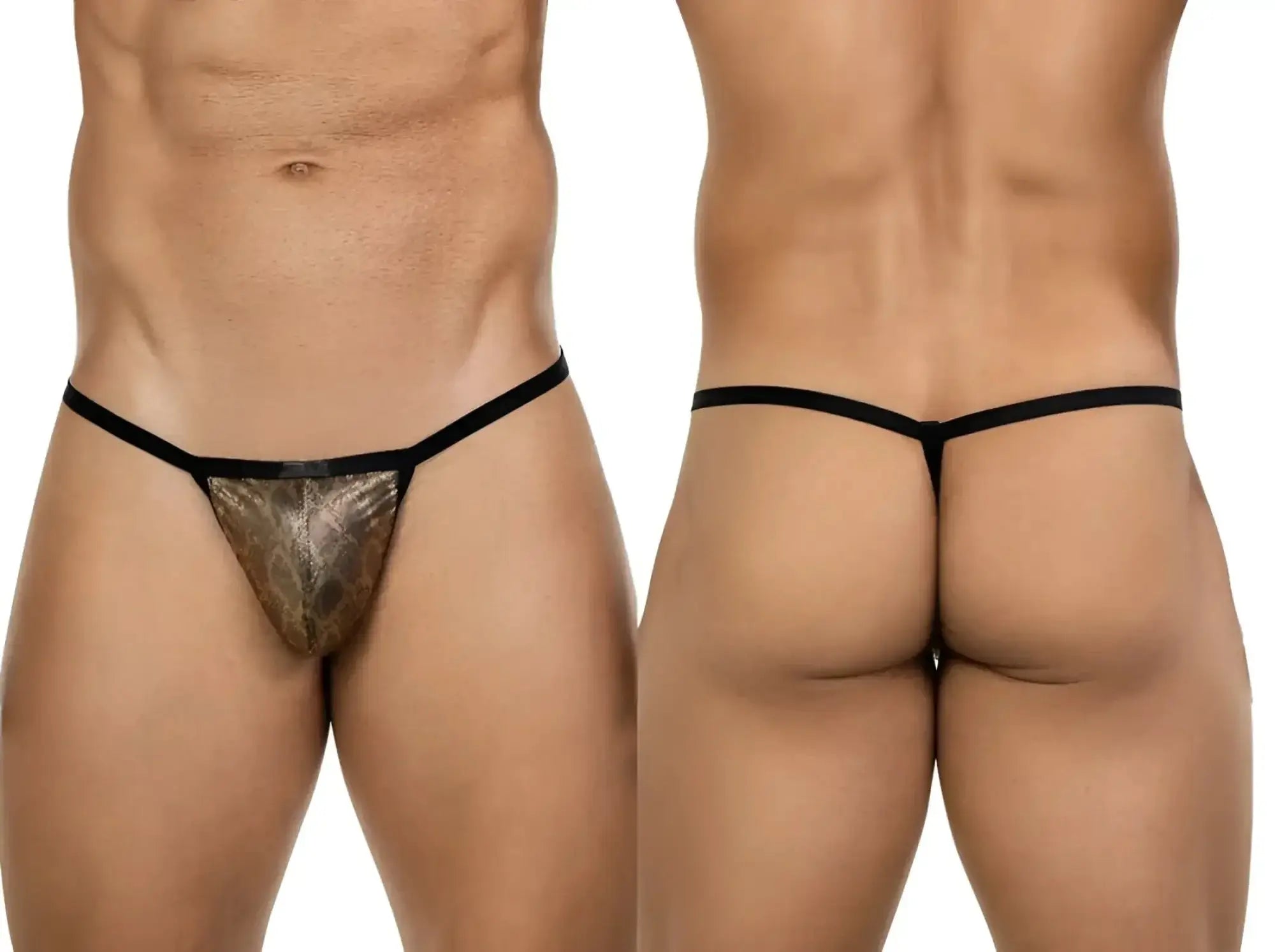 Clever 26046 Atlas G-String in gold, showing front and back views on a male model.