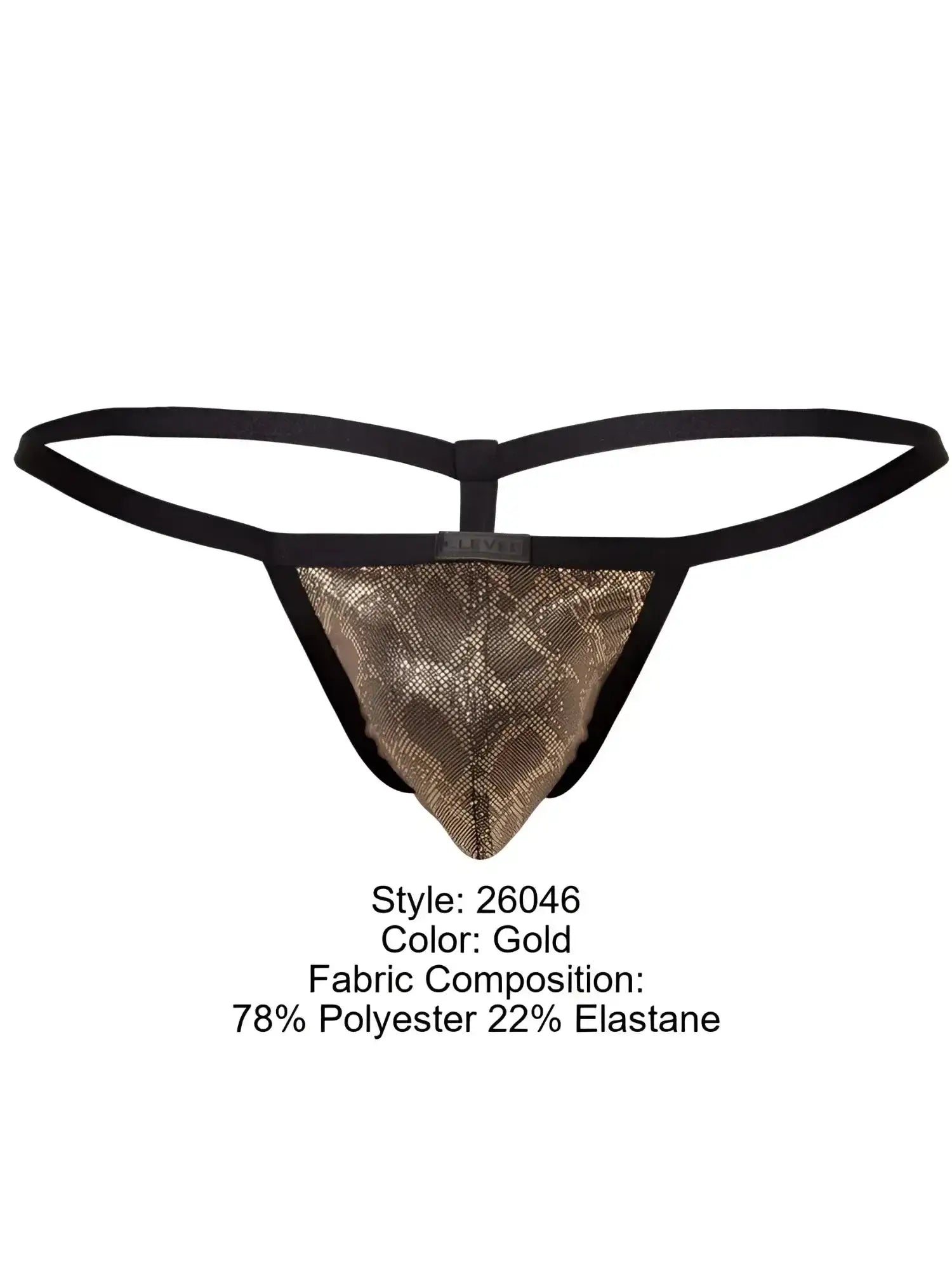 Front view of the Clever 26046 Atlas G-String in gold, featuring a black waistband and snake-print pouch.