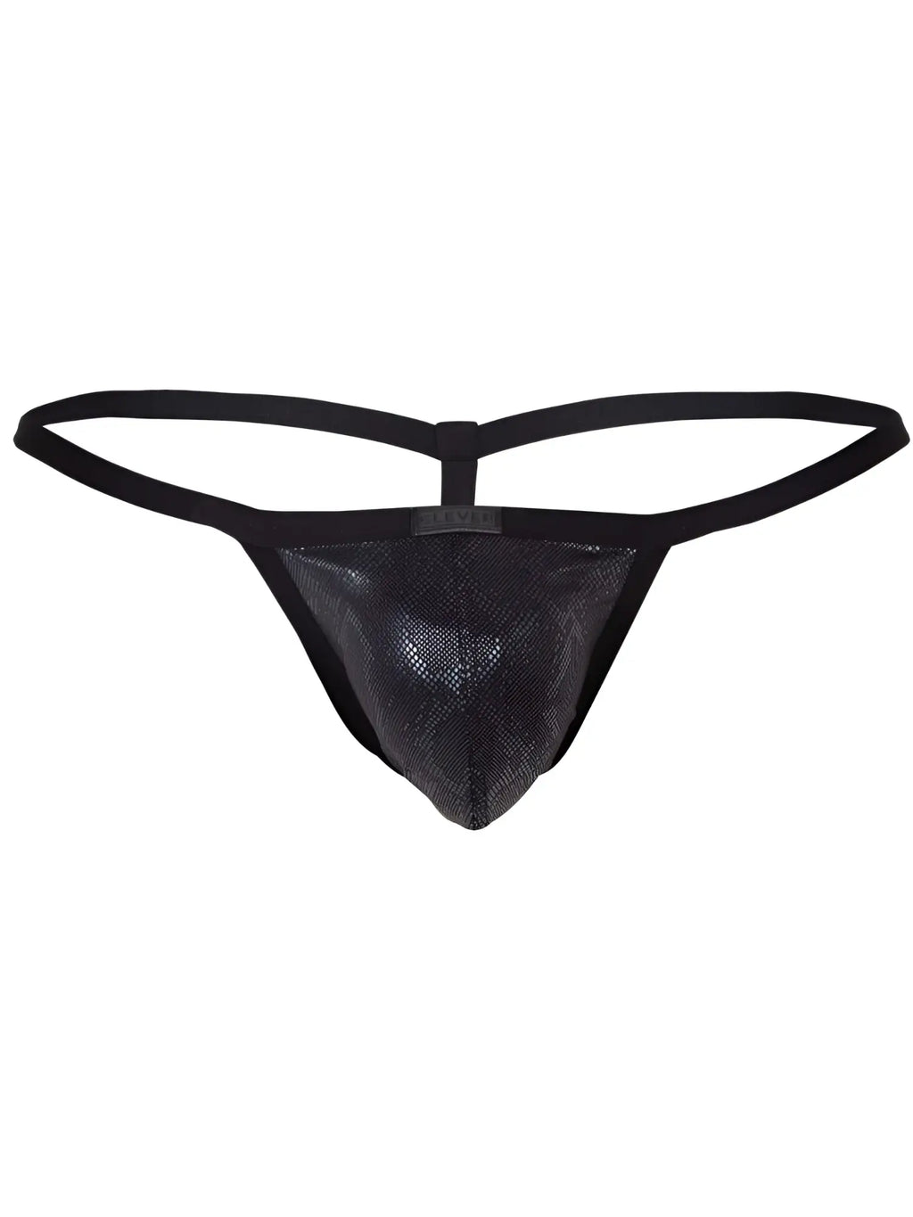Front view of the black Clever 26047 Atlas G-String with a textured snakeskin pattern.