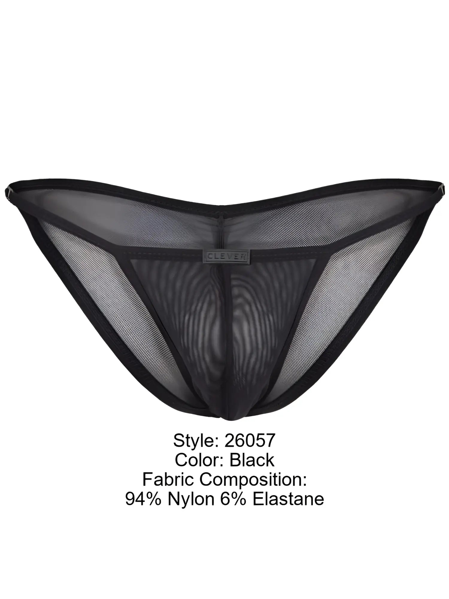 Front view of the black Clever 26057 Eos mesh bikini underwear.