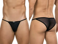 Clever 26057 Eos black bikini: front and back view showing the sheer mesh fabric and minimalist design.