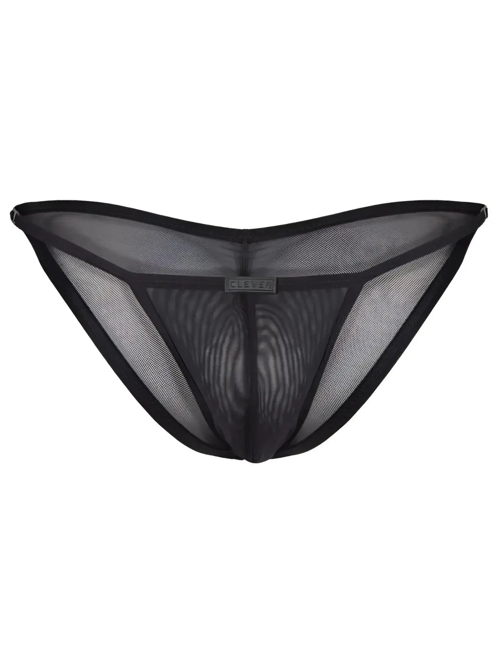 Front view of the black Clever 26057 Eos bikini brief made of sheer mesh fabric.